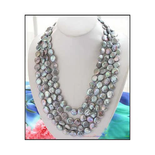 

Handmade Long Pearl Jewelry 100inches 14mm Gray Color Coin Freshwater Pearl Cultured Pearl Necklace Perfect Party Lady Gift