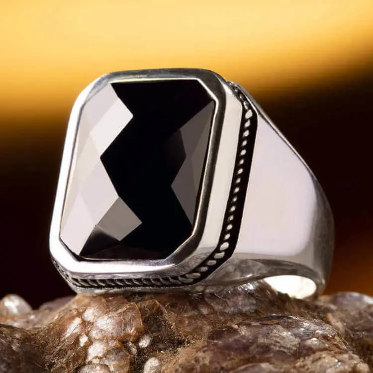 

Faceted Black Zircon Gemstone Ring Vintage Hand Carved Men Jewelry Top Solid 925 Sterling Silver Accessories Good Quality New