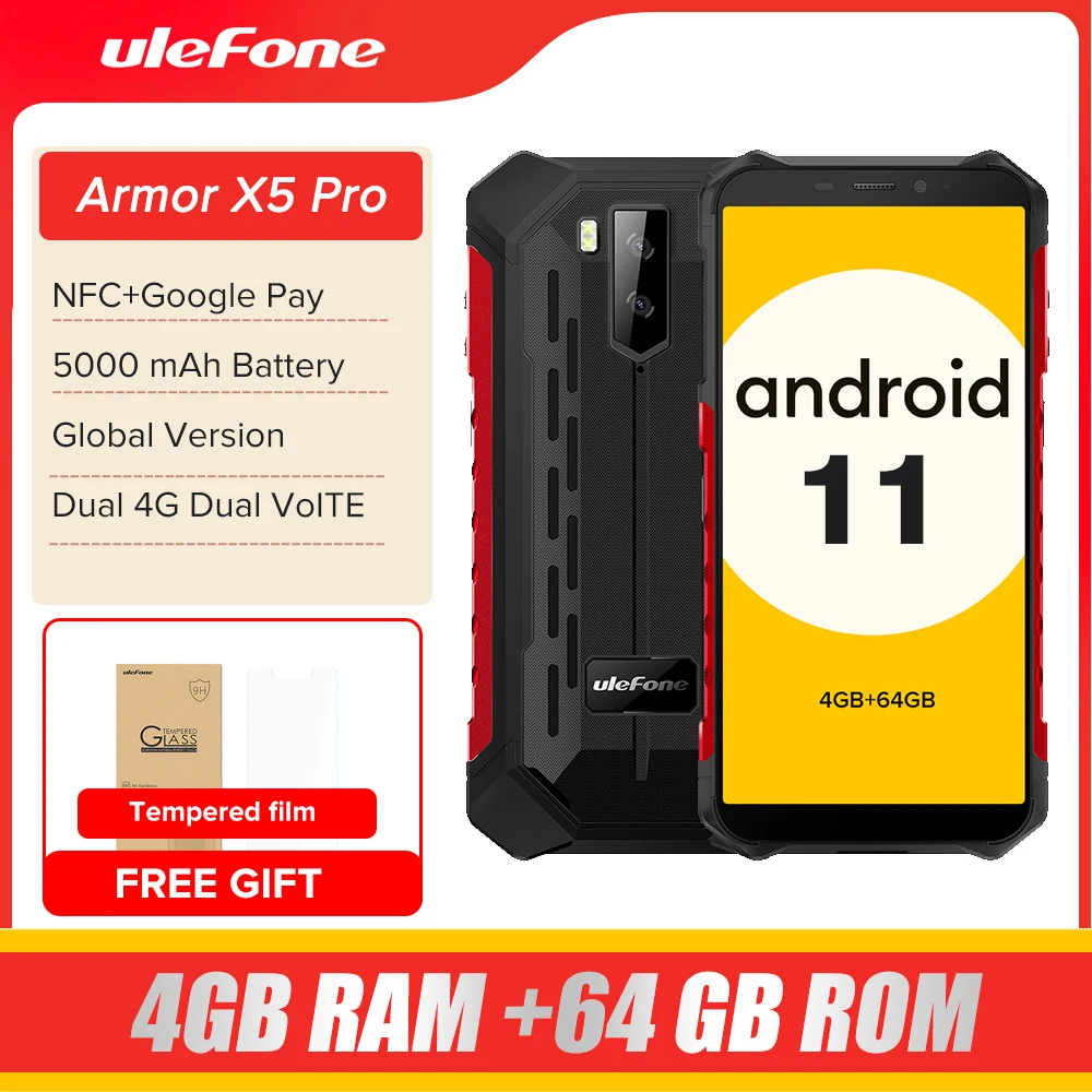 Ulefone Armor X5 Pro Rugged Waterproof Smartphone 4GB+64GB Android 10.0 Cell Phone NFC 4G LTE Mobile Phone