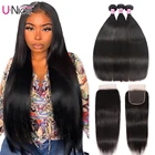 Волосы UNice 5X5 HD на шнуровке, 28 30 дюймов, перуанские прямые волосы, 3 пряди, 4 шт., 4x4 швейцарские кружевные человеческие волосы, плетение Remy Hair