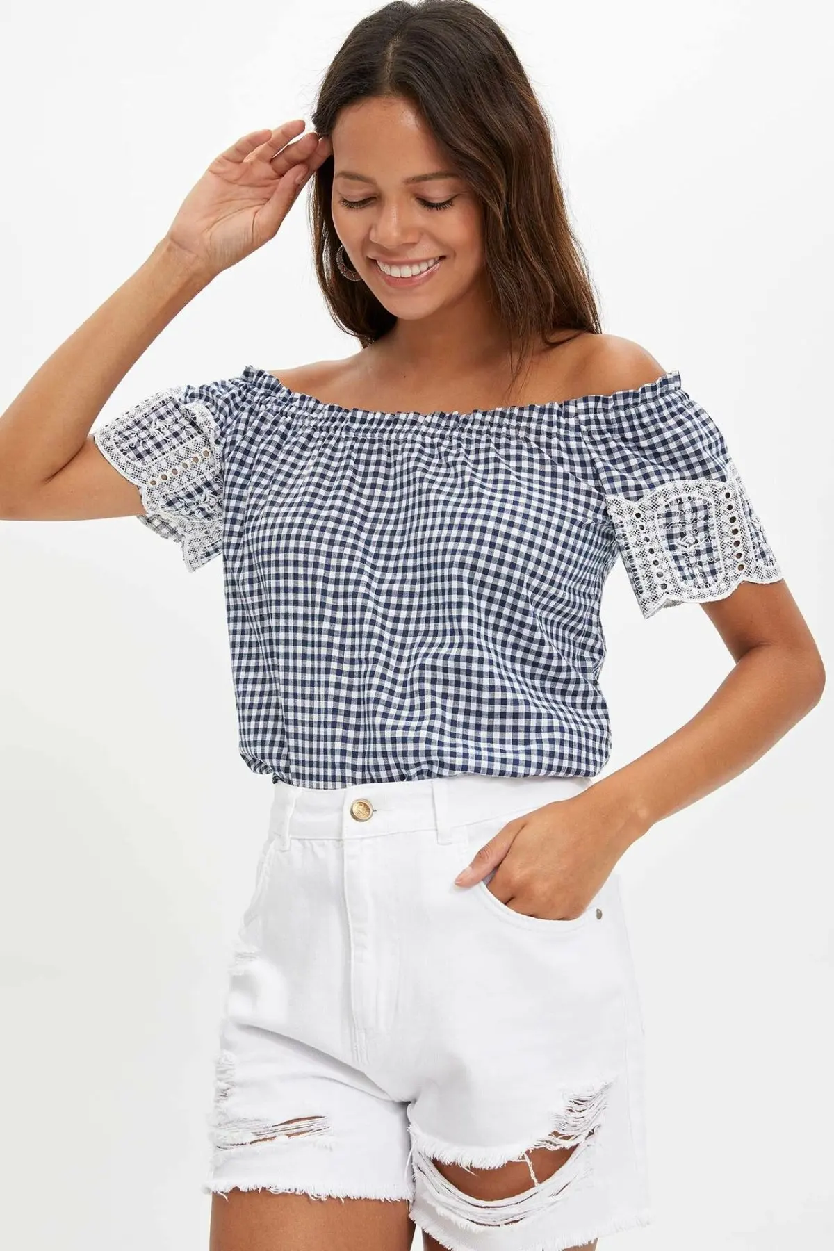 DeFacto Милая женская блузка с коротким рукавом модная клетчатая рубашка открытыми