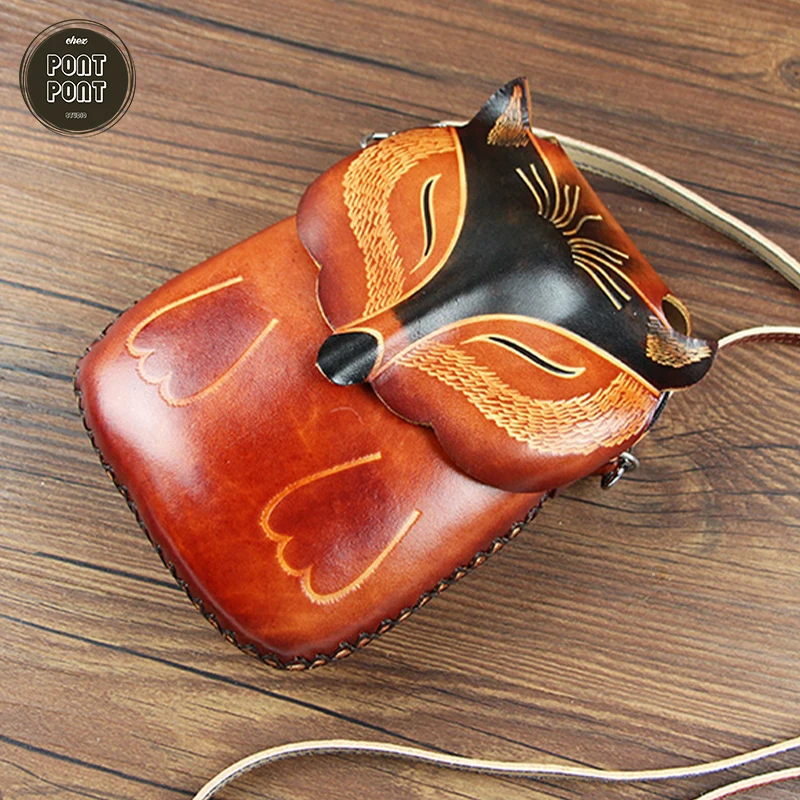

Handmade Cute Animal Fox Small Handbag Shoulder Strap Crossbody Bag For Women Genuine Real Leather Craft Sewing sac a main femme