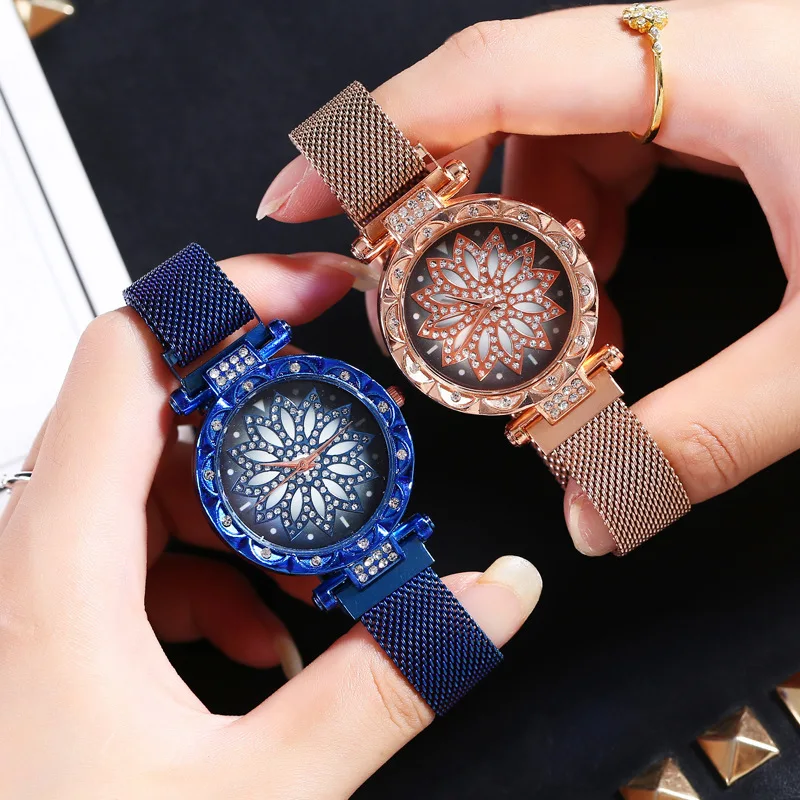 

Hot Sale Women Magnet Buckle Starry Sky Flower Watch Luxury Ladies Stainless Steel Quartz Watch Gift Clock Dropshipping