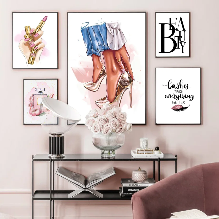 

Abstract Fashion Girl Perfume Lipstick High Heel Wall Art Canvas Painting Posters And Prints Wall Pictures For Living Room Decor