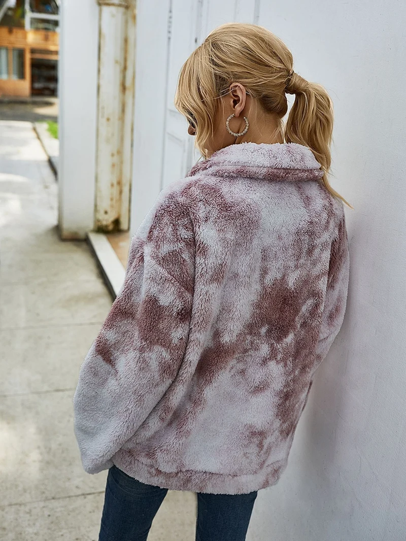 

Tie Dye Fur Thick Jacket Women 2020 Autumn Warm Oversize Zipper Coat Shaggy Ladies Casual Korean Winter Overcoat Streetwear Blue