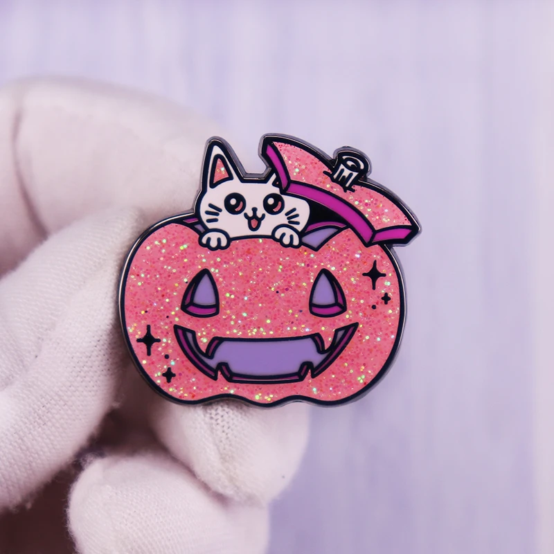 Блестящая розовая тыква кошка фотоэлемент Хэллоуин Kawaii котенок фонарь значок