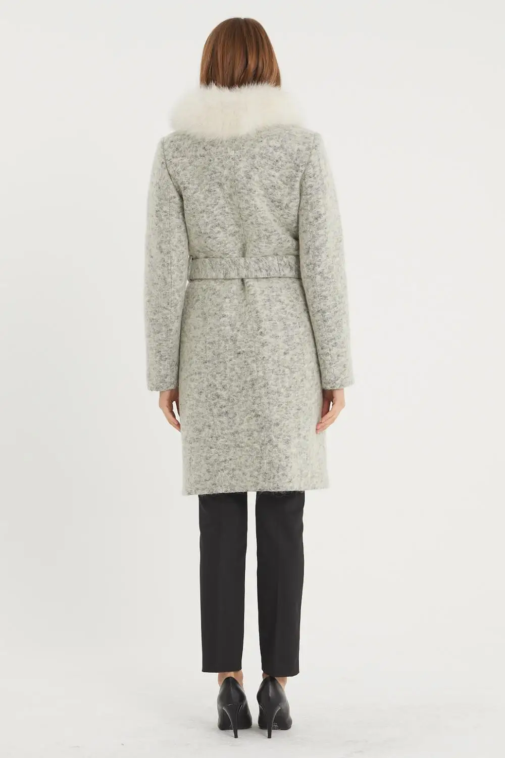 

European Size S, M, L, XL (36, 38, 40, 42) = 4 ITEMS : Women's Fox Fur Collar Belt Closure Coat Wool Fabric Brand Name NFree