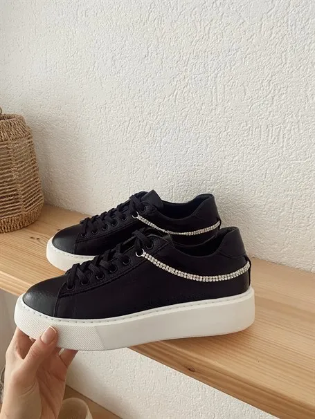 

Women's Black Genuine Leather Crystal Chain Detailed Sneaker Flat Bottom Shoes Top Quality Sport Stylish Elegant Office Luxury