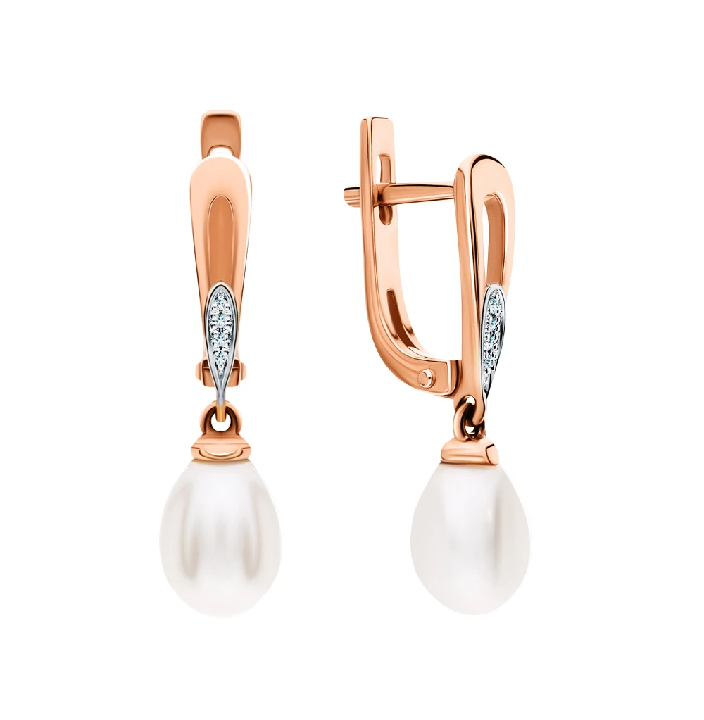 Золотые серьги с жемчугом и бриллиантами SUNLIGHT проба 585 | Украшения аксессуары