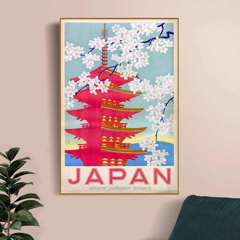 Фото Японский постер для путешествий винтажная картина в виде розовых храмов