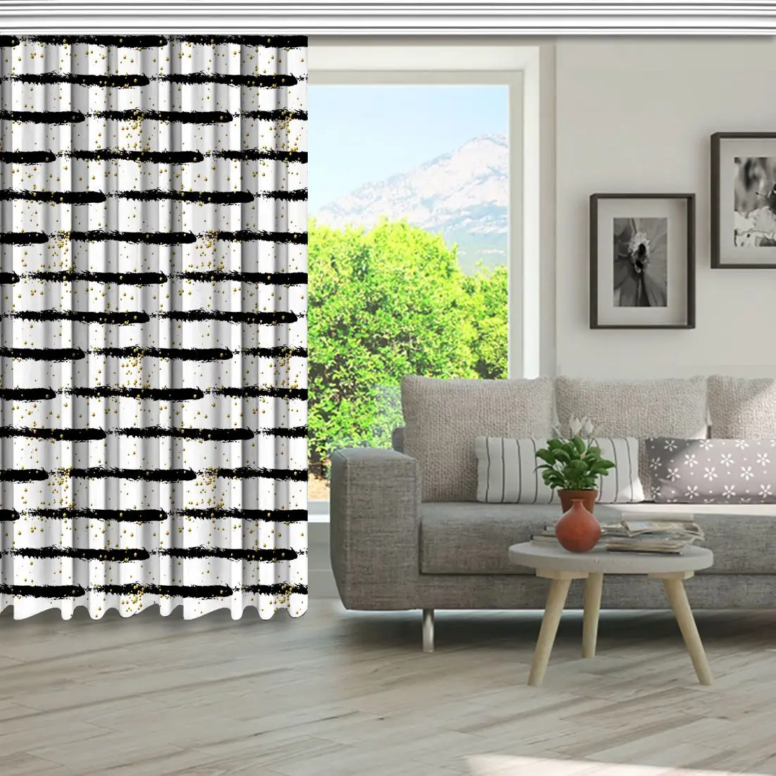 Занавес абстрактный узор с золотыми точками на черно белые полосы Современное