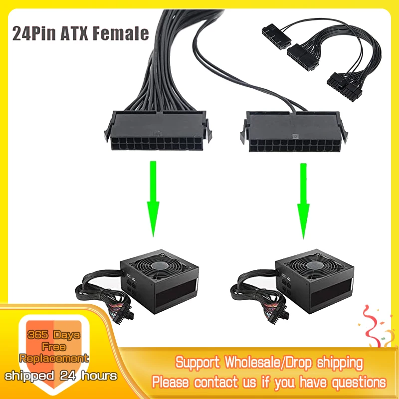 

24 Pin Dual PSU Splitter 18AWG Mining Power Supply Splitter Synchronizer Male To Female ATX Mining 32cm Dual PSU Extension Cable