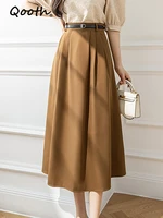 qooth high waisted pleated suit skirt womens 2022 spring summer simple mid length skirt with belted qt1610