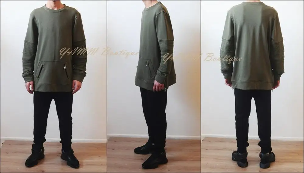 

Men's Dark Biker Moto Crewneck Terry Kangaroo Zipper Pocket Side Zipper Sweatshirt Hoodie - Pintuck on the Sleeves for Men