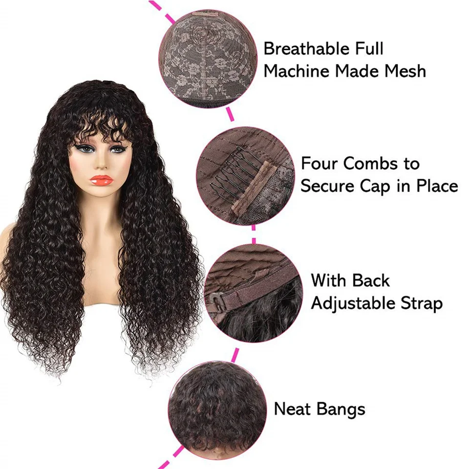 Deep Wave Wig Brazilian Human Hair Wigs With Bangs Full Machine Made Wig For Black Women 14-30 Inch Glueless Fringe Wigs