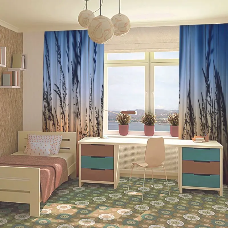 Занавес романтический Закат пейзаж с высокой травой голубое небо оранжевый