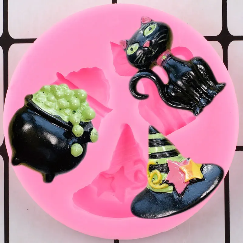 

Силиконовые формы в виде шляпы ведьмы, инструменты для украшения тортов на Хэллоуин, форма в виде кошки, топпера, конфет, глины, полимерные ф...