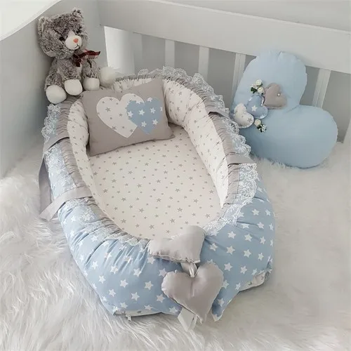 Jaju Baby Handmade, Blue Star Gray Design Luxy Orthopedic Babynest 3 Pieces Set Mother Side Portable Baby Bed Heart Pillow