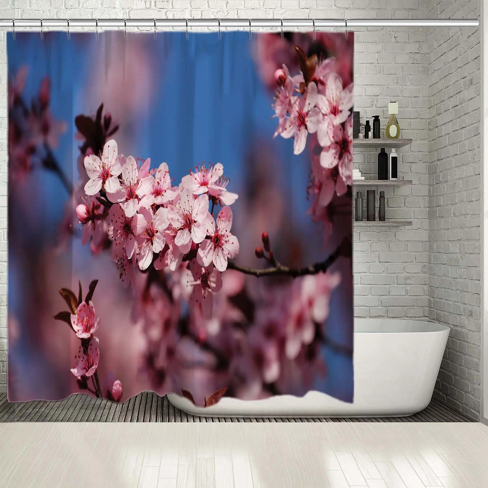 

Shower Curtain Fruits Blossom Tree Flowers Springtime Garden Country Life Nature Scenic View Photo Blue Pink Brown