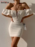 instahot lace up women mini dress hollow out ruched v neck summer bodycon sexy party club wedding casual clothing 2022 trends