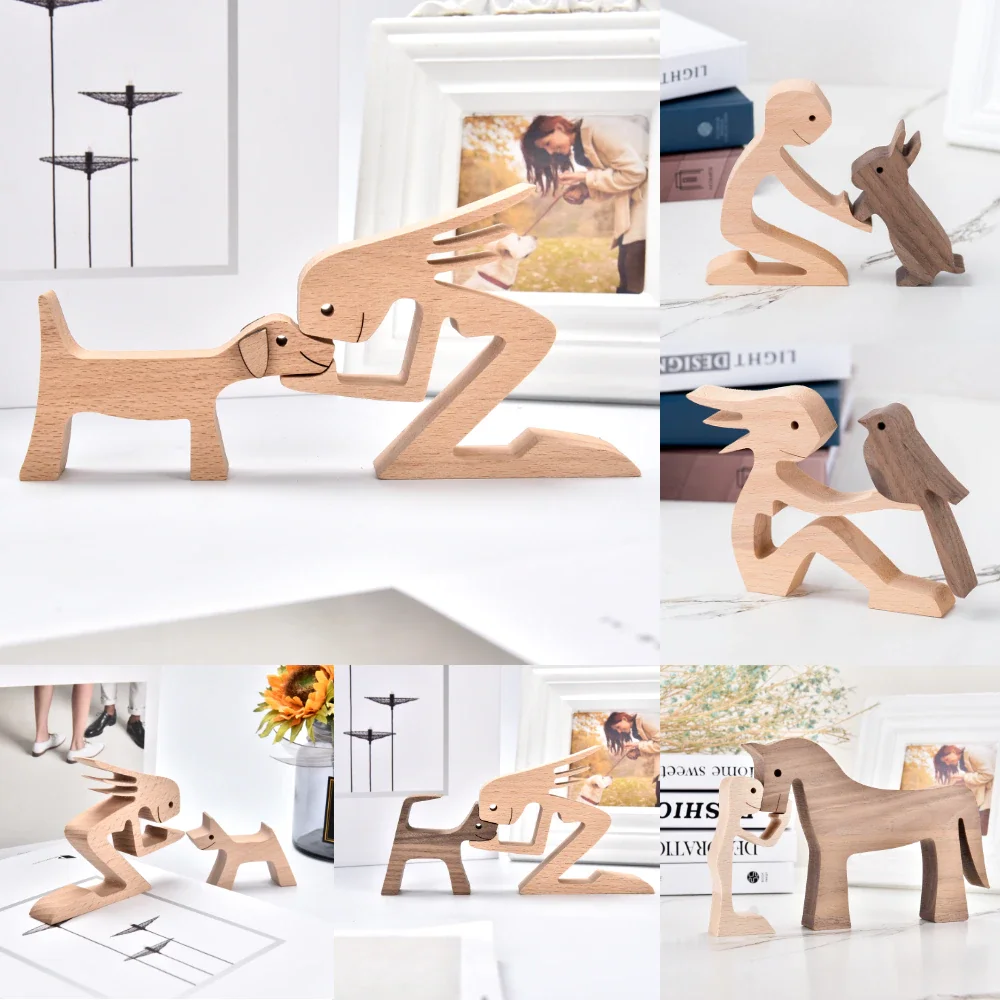 

Wooden Figures Sculpture Family Puppies Carving Ornaments Boy Girl Dog Statue Craft Pet Lover Gifts Desktop Decoration Abstract
