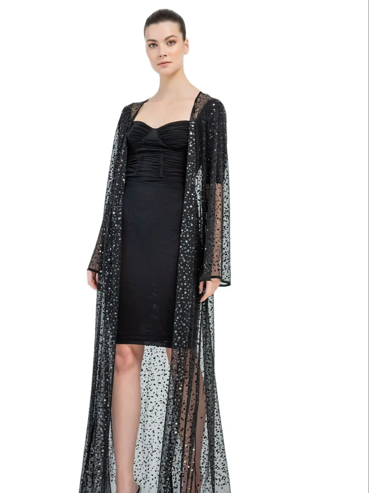 

2021 Summer Brand Feminino Women Transparent Beach Maxi Dress Swimwear Bikini Cover-up Tunic STONE DESIGN TULLE CARDIGAN