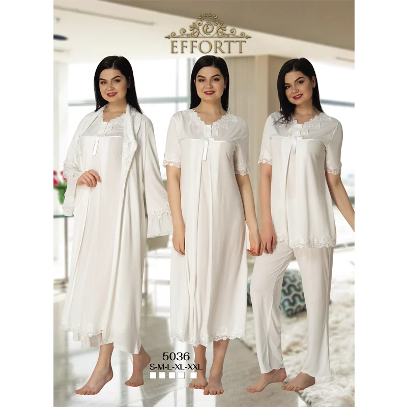 Enlarge Women's Nightgown, Dressing Gown and Pajamas Set Turkish Cotton Production Lacy Pregnant Comfortable Clothes Soft Fabric