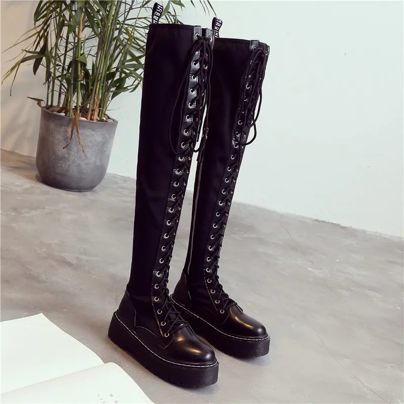 RASMEUP Lycra Stretch Women's Knee High Boots 2020 Spring Fashion Women Zipper Long Autumn Lace up Ladies Platform Shoes | Обувь