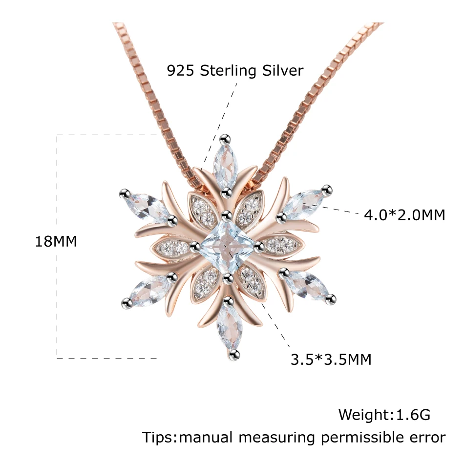 

925 Sterling Silver Gemstone Necklace For Women Sky Blue Topaz Lovely Snowflake Charm With Chain Fine Jewelry Unusual Accessory