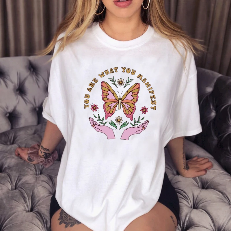 

Manifest Hand Butterfly Graphic Tee Summer Fashion Casual Funny Aesthetic 100% Cotton Harajuku Hipster Women T-Shirt Tops