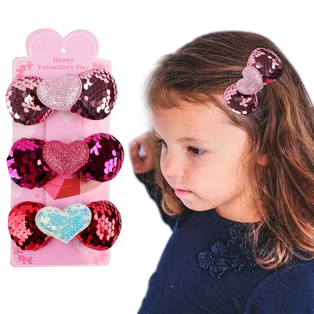 

3Pcs Glitter Love-shape Hair Clips For Girls Cute HairBows Princess Sequin Hairpins Boutique Decorate Fashion Hair Accessories