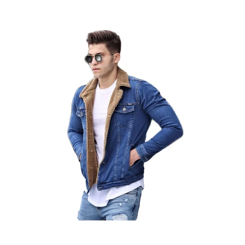 Men's Furry Blue Denim Streetwear 2021 Autumn Winter Season Bomber Young Style Chest Pocket Button Closure Thick Slim Fit Hot