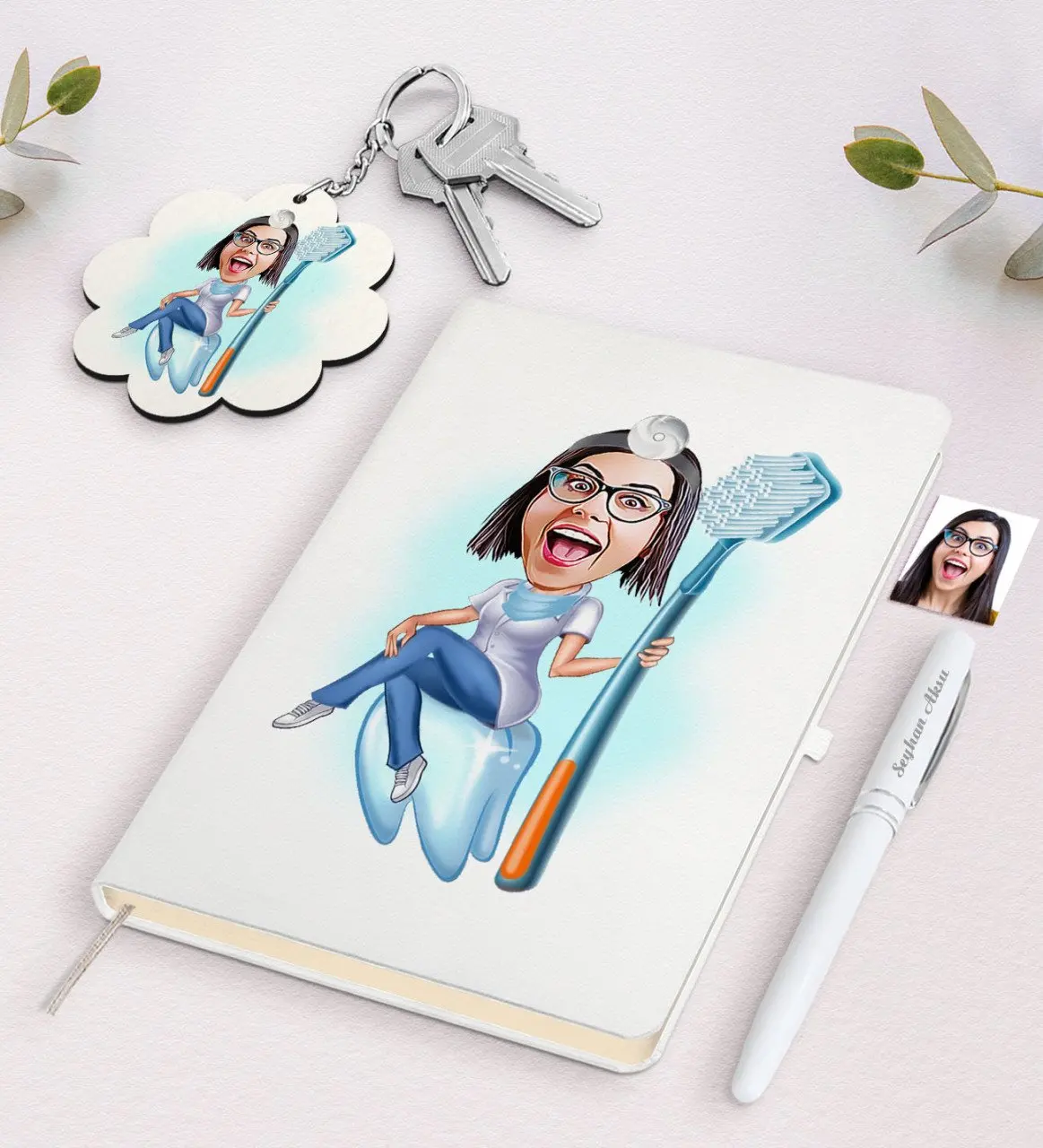 

Personalized Women 'S Dentist Caricature Of White Notebook pen And Keychain Gift Seti-2 Reliable Quality Gift Everyday moment