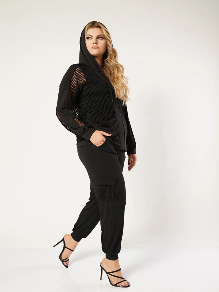 Mesh Sleeve Hooded Zipper Black Color Autumn Knitwear Cardigan Plus Size Outwear For Women 4xl 5xl 6xl New Fashion Casual Style