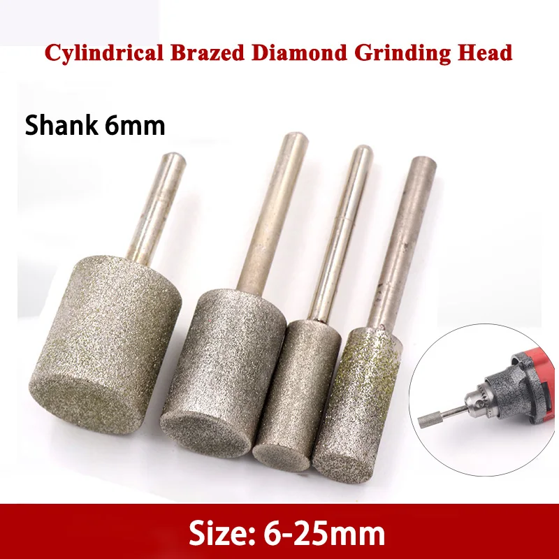 

1PCS 6mm Shank Cylindrical Diamond Grinding Head 6-25mm for Jade Peeled Mold Carved Metal Ceramic Glass Stone Grinding