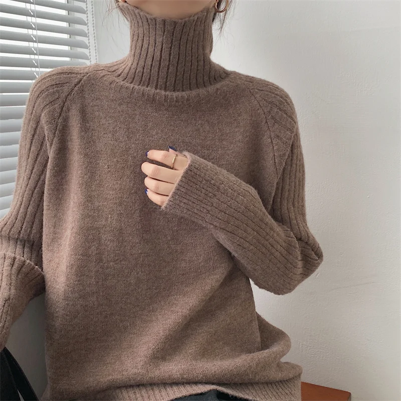 Женский кашемировый свитер-водолазка свободный плотный теплый вязаный пуловер в