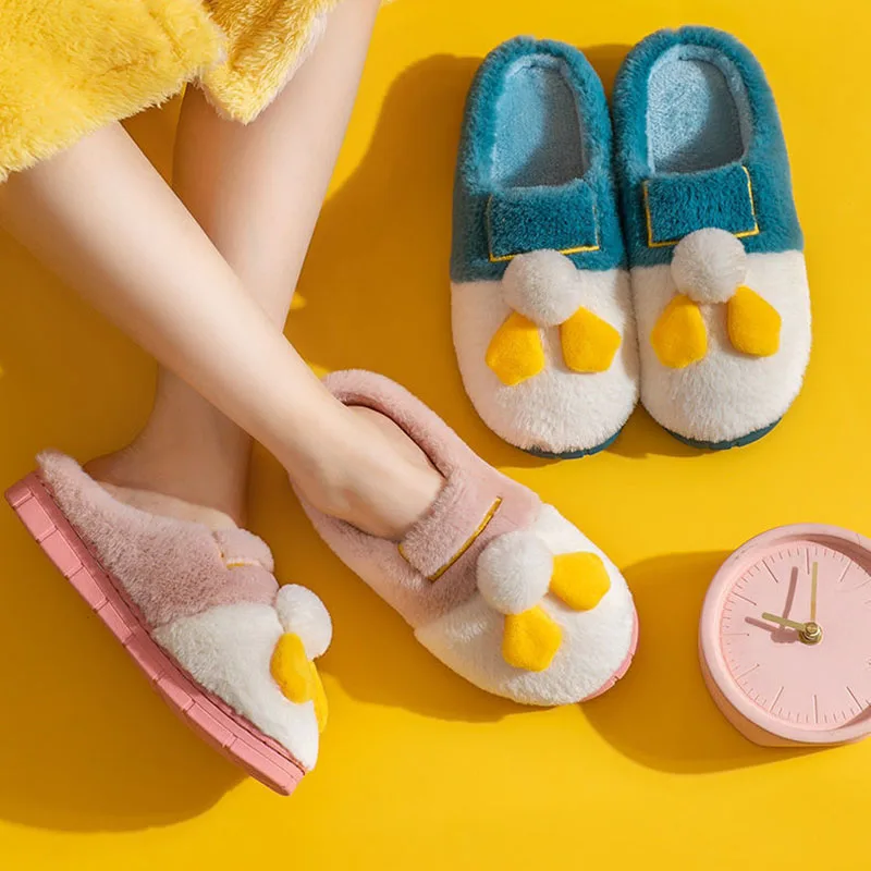 

Slippers Women Winter Cute Plush Warm Fluffy Fashion Cartoon Duck Couples Furry Casual Flats House Men Rubber Sole Slippers