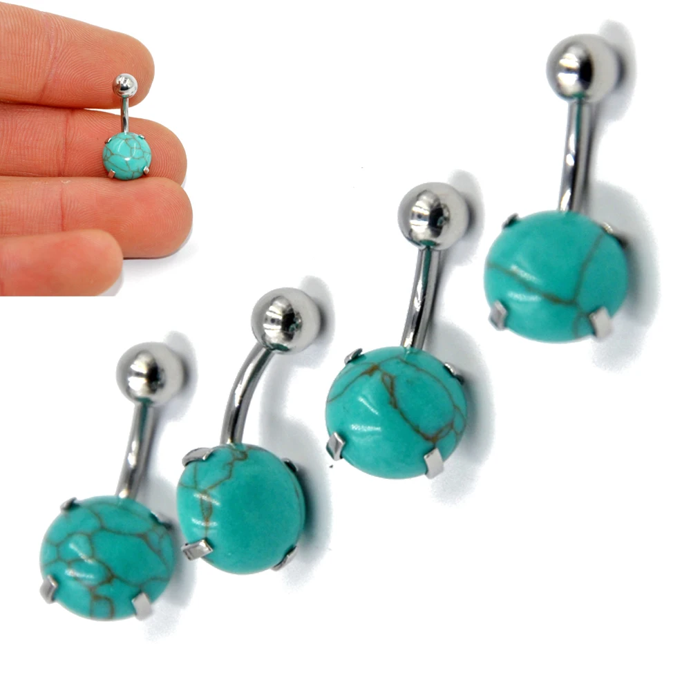 1 шт. хирургические Сталь пупка кольца бирюзовый камень для пирсинга серьги