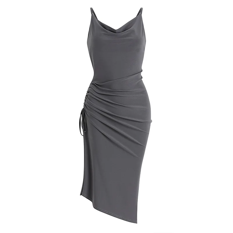 

2021 summer new women's dress sexy pile collar mid-length suspenders irregular drawstring temperament holiday dress
