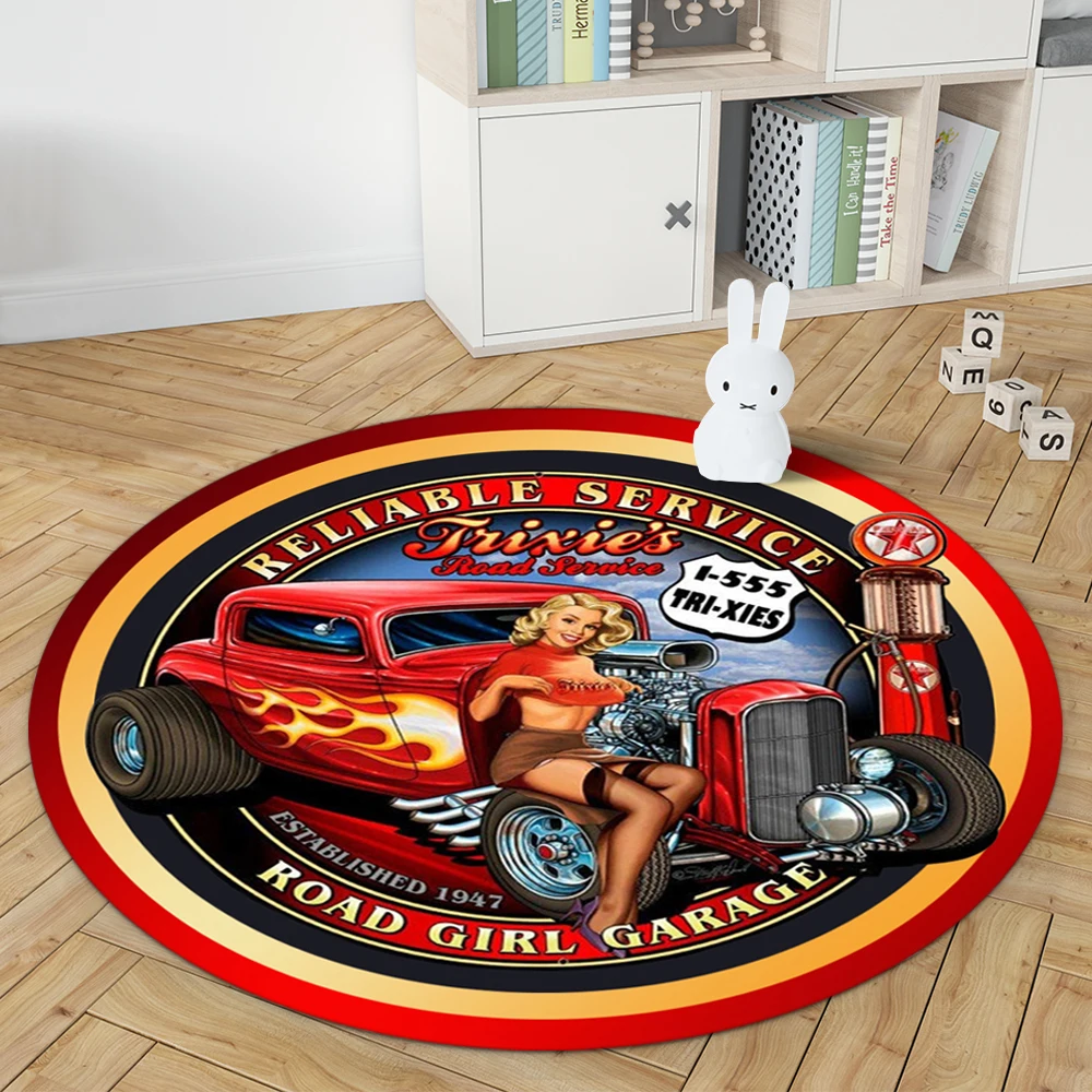 

Car Girl Round Carpets For Living Room Bedroom Flannel Rugs Lounge Chair Area Non-Slip Mat Retro Home Decoration Floor Doormats