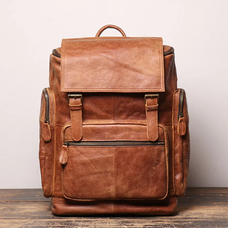 Men Genuine Leather Backpack Male Casual School Backpack Large Business Travel Laptop Bag Men's Cowhide Leather Shoulder Bag