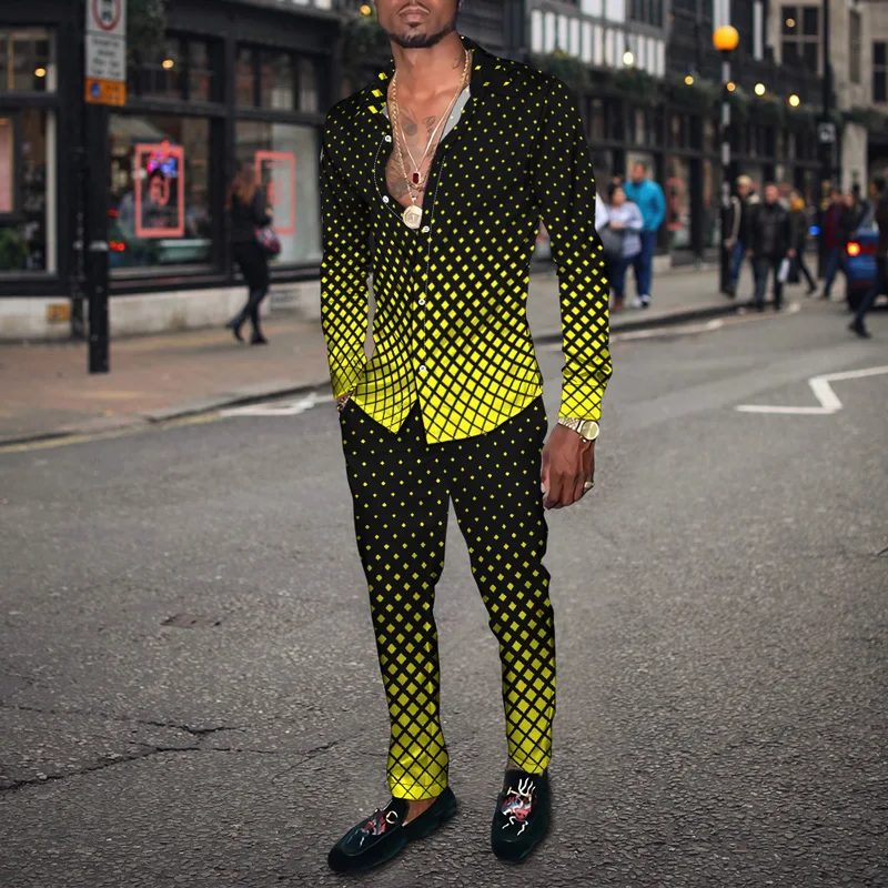 

2022 New 3d Wave Dot Gradient Printing Fashion Men's And Women's Long-sleeved Lapel Shirts Comfortable Trousers Two-piece Suit