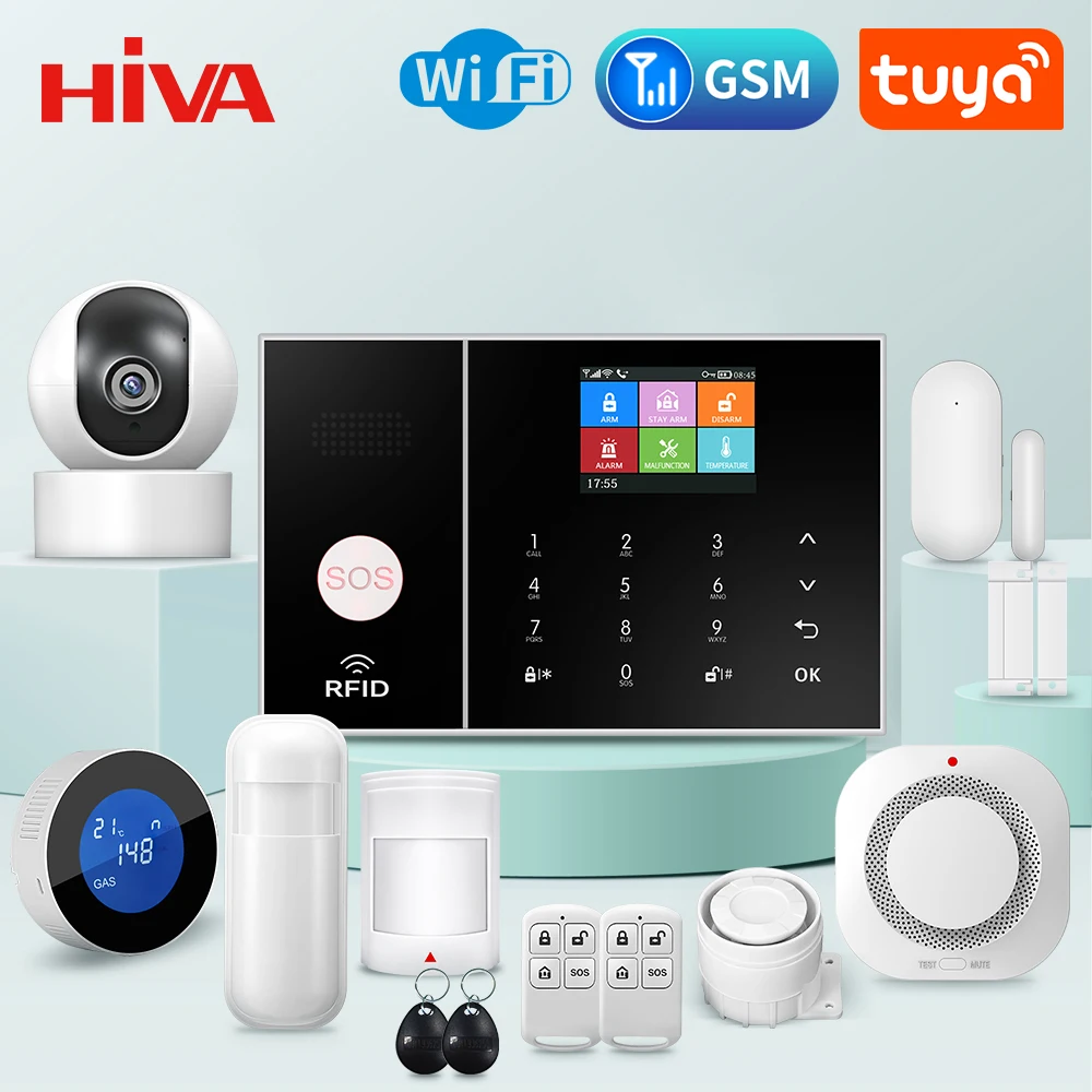 HIVA Security Alarm System for Home GSM Wifi Tuya Smart Life App Control Burglar Alarm Kit with Door Sensor work with Alexa