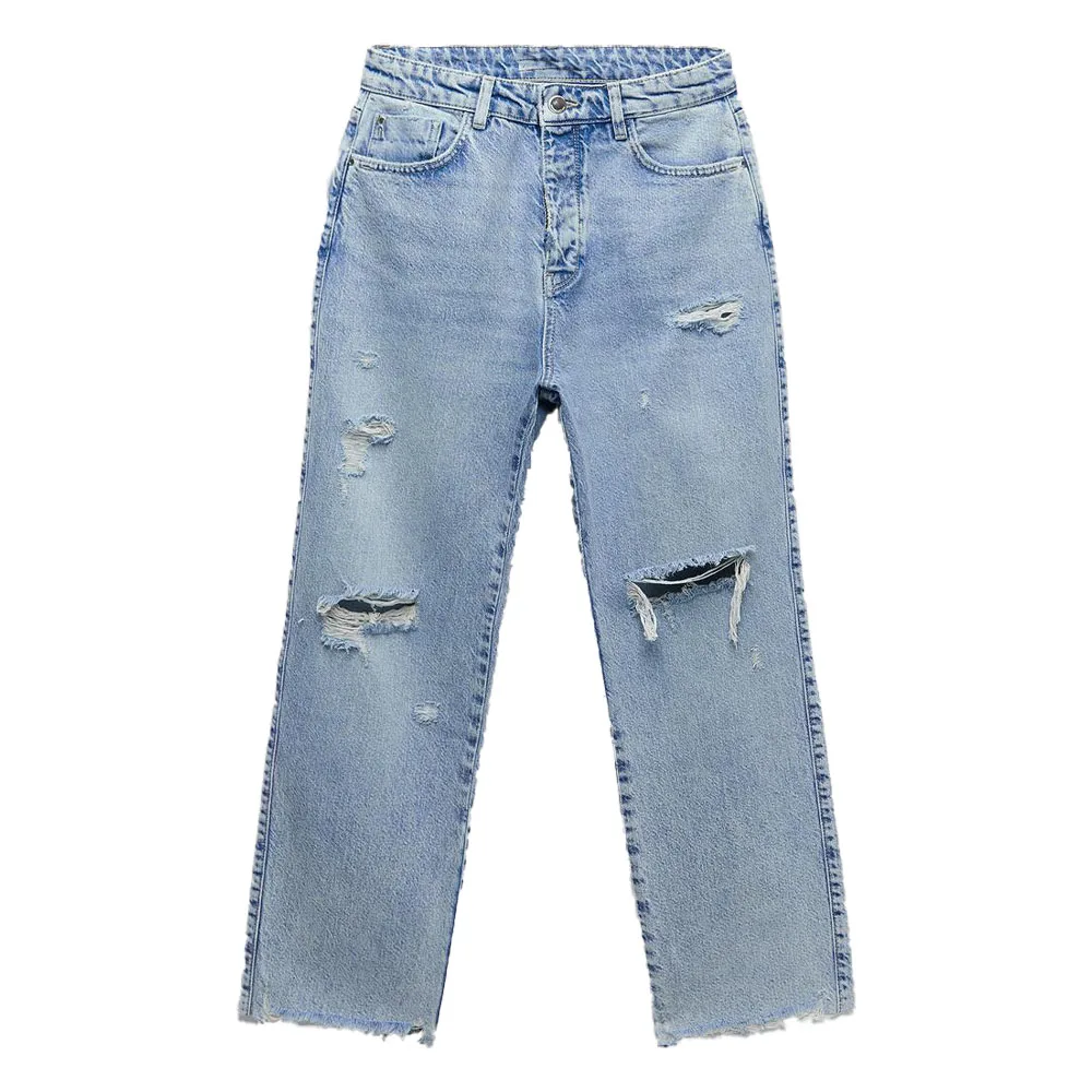 

ZA spring and summer new women's fashion high-waisted straight-leg jeans with ripped holes