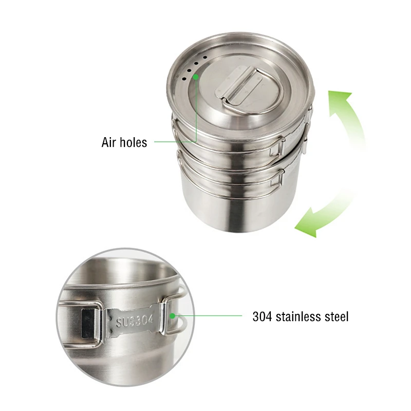 2Pcs Stainless Steel Pot Portable Camping Water Mug Cup with Folding Handle Picnic Cookware Set | Спорт и развлечения