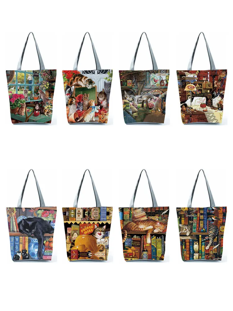 

Customize Cute Oil Paint Cat Painting Print Women's Designer Tote Bags Fabric Eco Reusable Shopping Shopper Bag School Book Bag