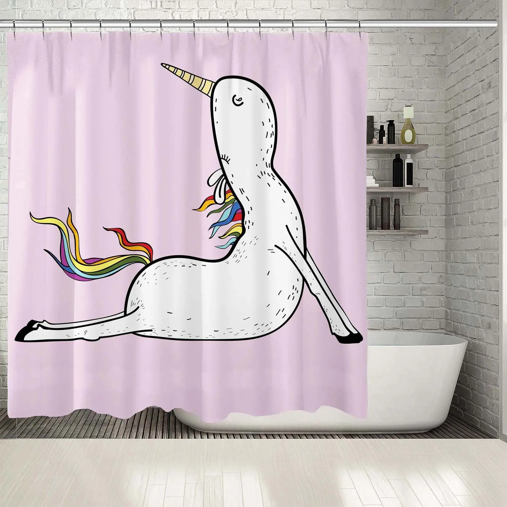 Занавеска для душа Единорог на розовом фоне занятия йогой упражнения радужные