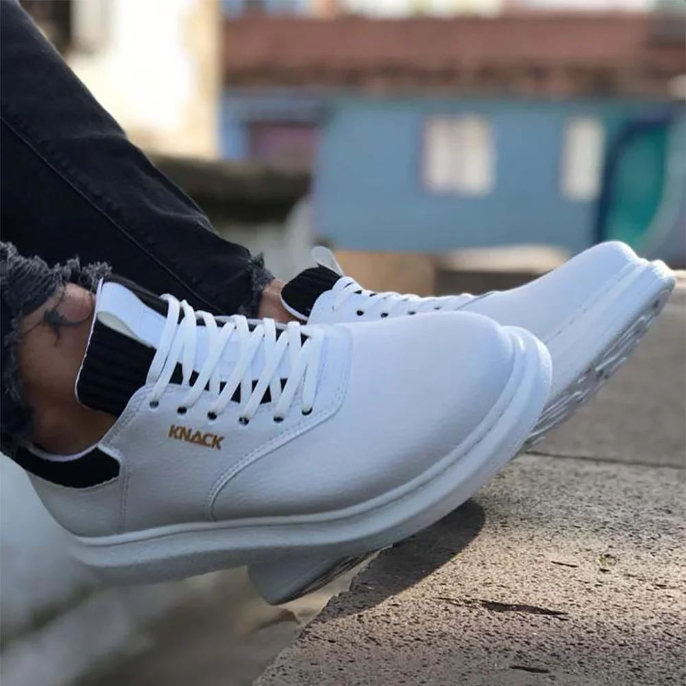 

Knack Men's Casual Shoes White Color Spring/Autumn Faux Leather Plated Stitched Flat High White Sole Height Increasing Daily Use Comfortable Male Sneakers Air Mixed Color Flashy Durable Orthopedic Fast Shipping 055