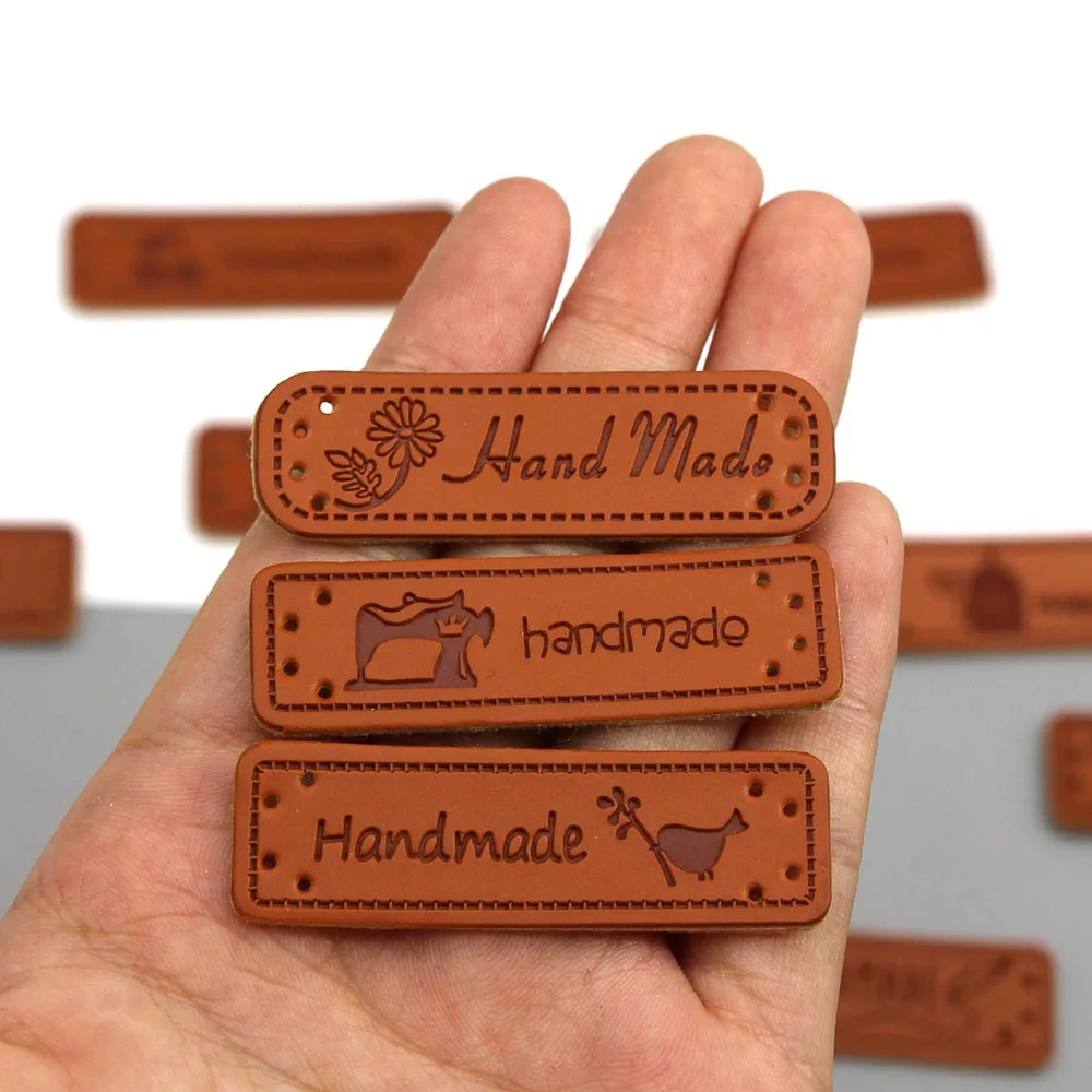 50Pcs Labels Cartoon Pattern Handmade Label Brown PU Leather For Clothes 51x16MM Hand Made Clothing Tag Sew Accessories | Дом и сад