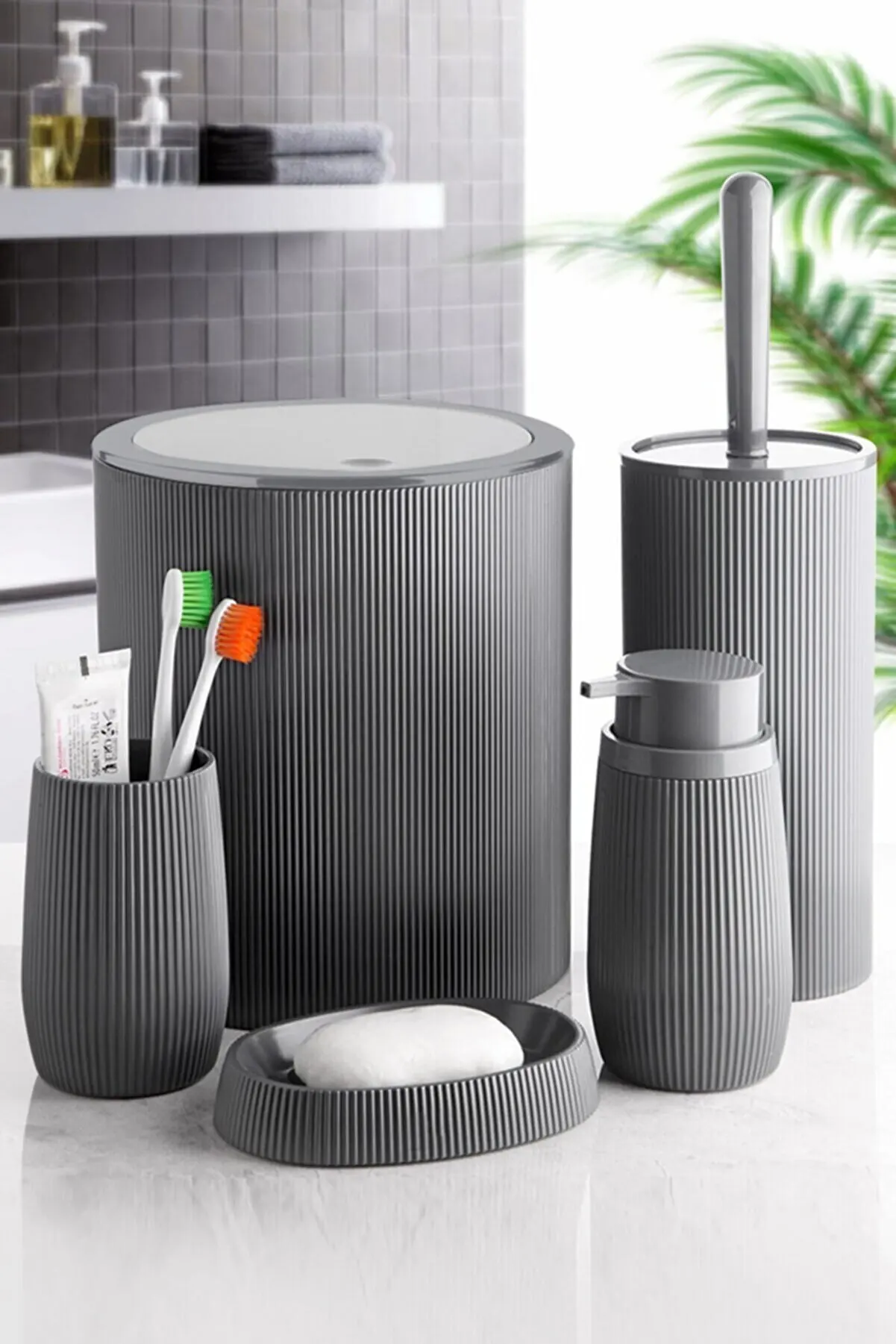 striped round 5li bathroom set toothbrush cup soap dispenser toilet brush trash can plastic new quality modern color toilet free global shipping